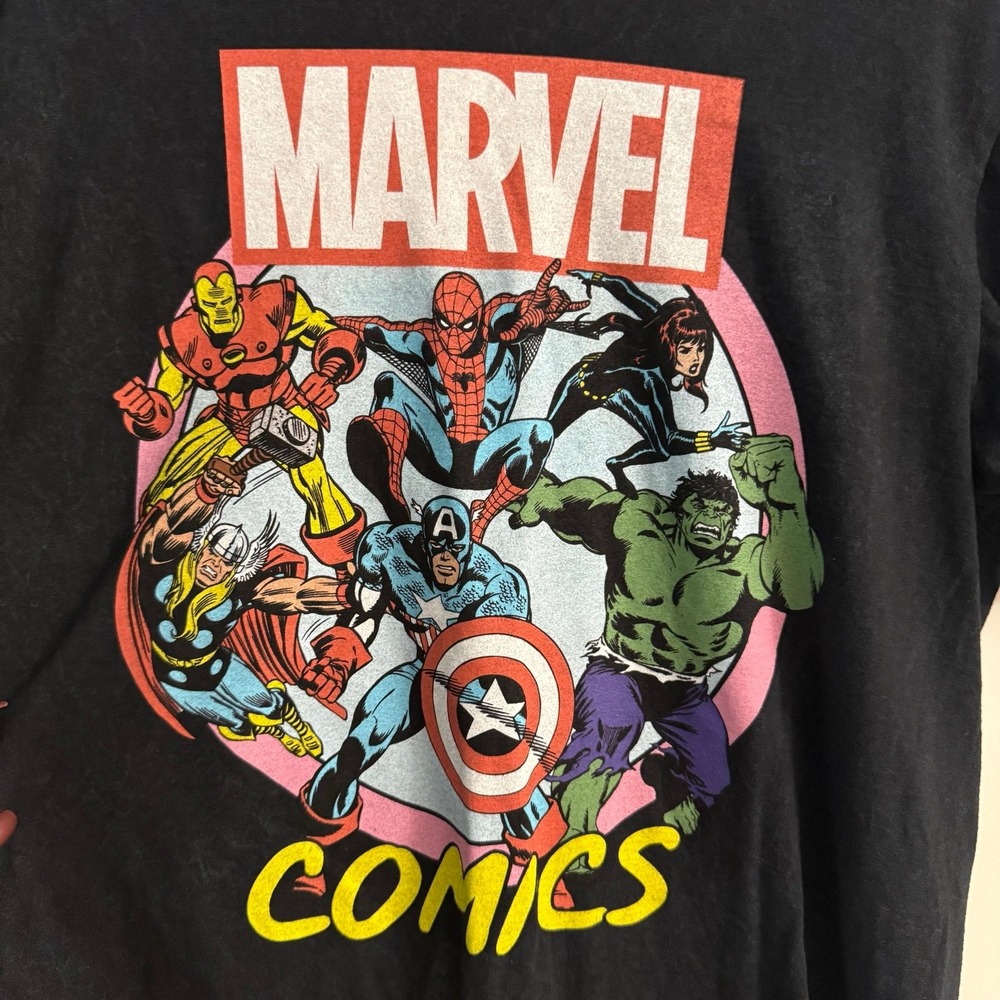 Marvel Comics Mens Unisex Black Graphic Tshirt Large Avengers Spiderman Hulk